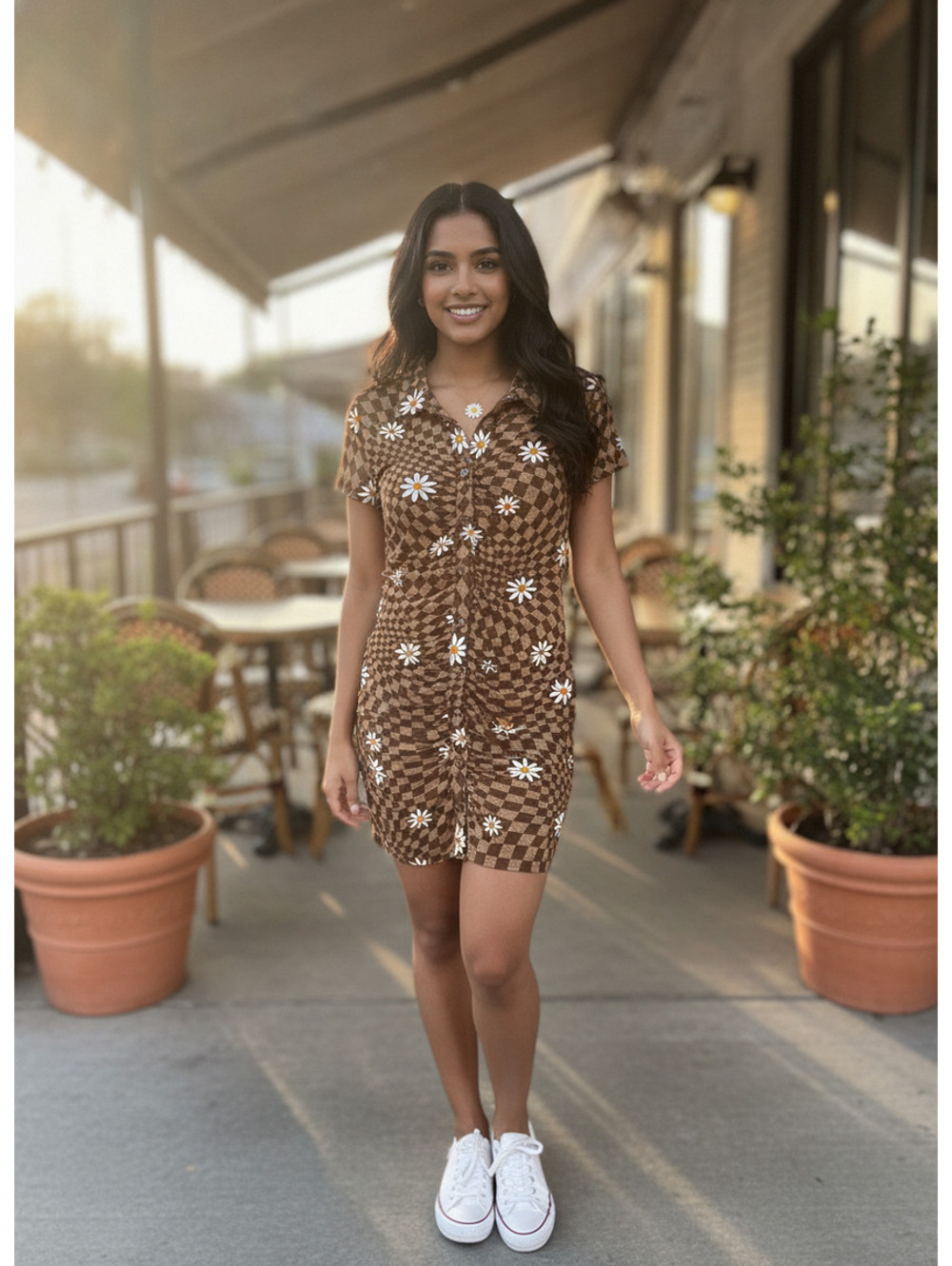 Brown Checkered Daisy Print Button-Up Dress size M